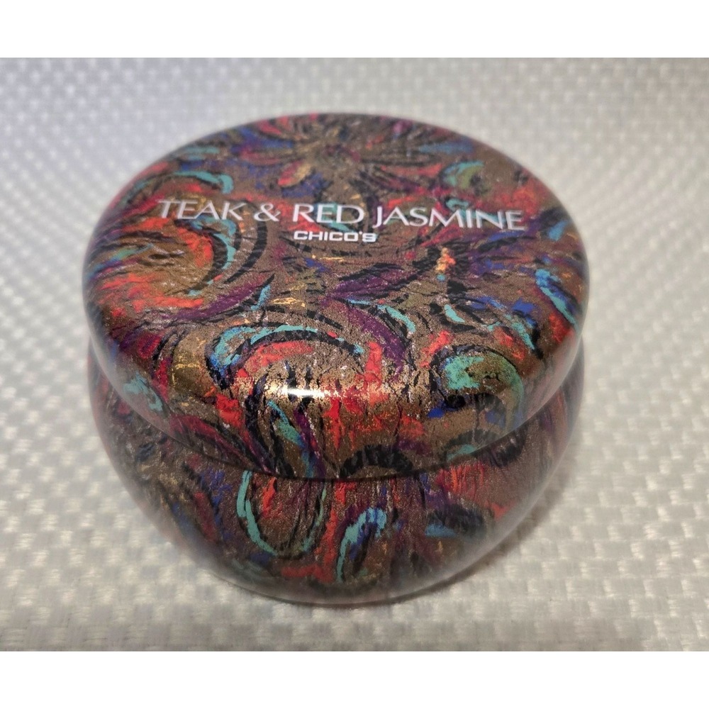 Teak & Red Jasmine Scented Candle In Decorative Tin By Chicos - 3 Wick / 11 Oz.